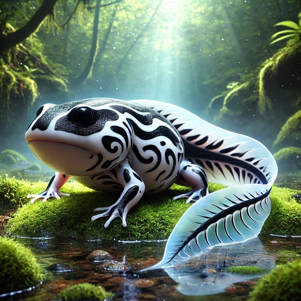 Mid-metamorphosis white and black frog