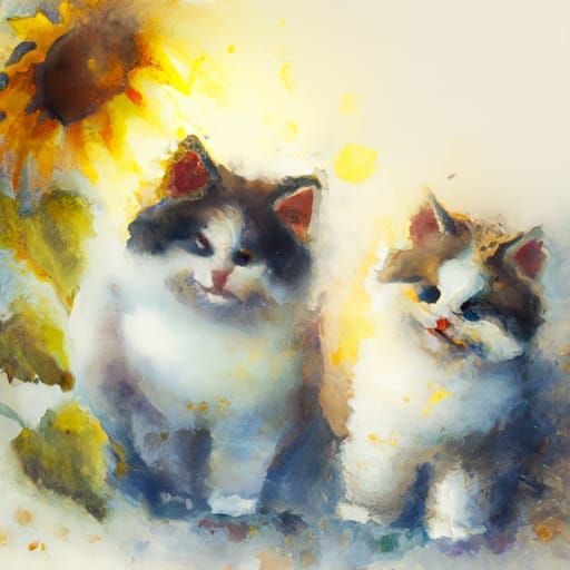 Two fluffy kittens with sunflowers