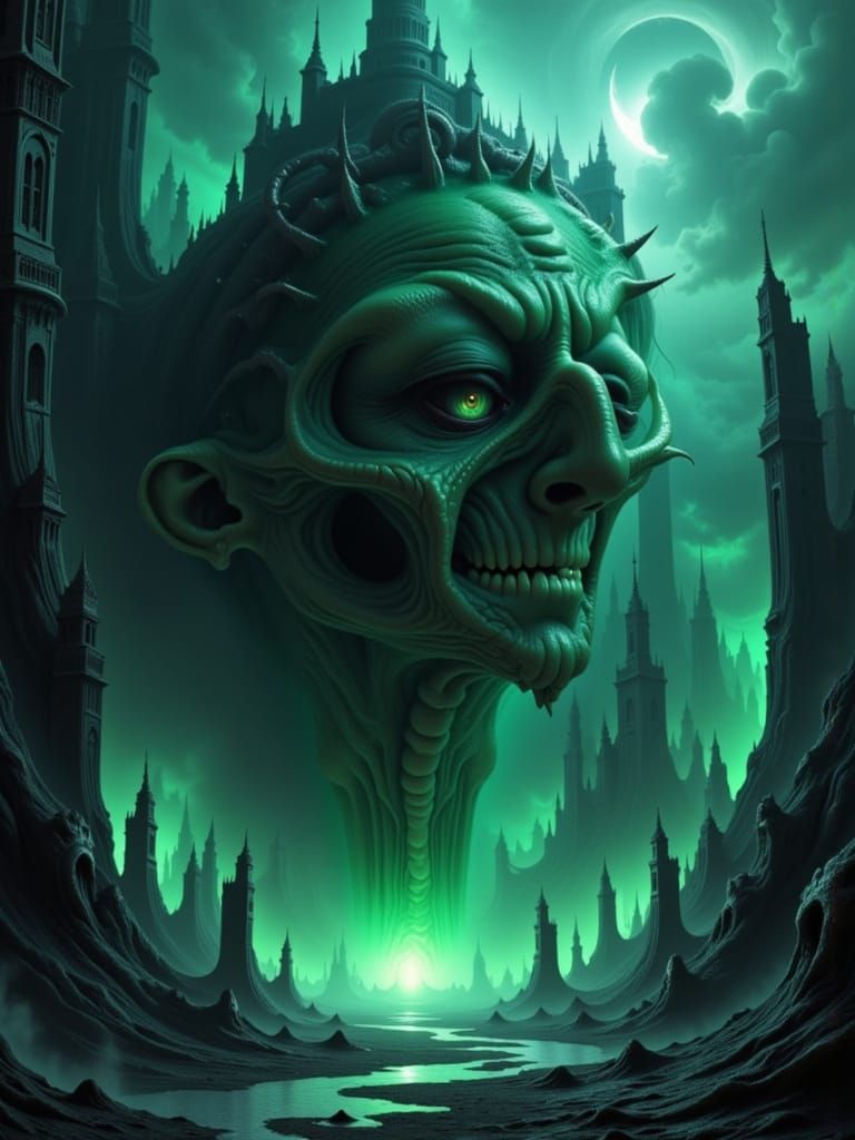 Eldritch, otherworldly horror emerging from the depths of a cyclopean city, inspired by the dark, eerie landscapes of Zdzisław Beksiński, th...