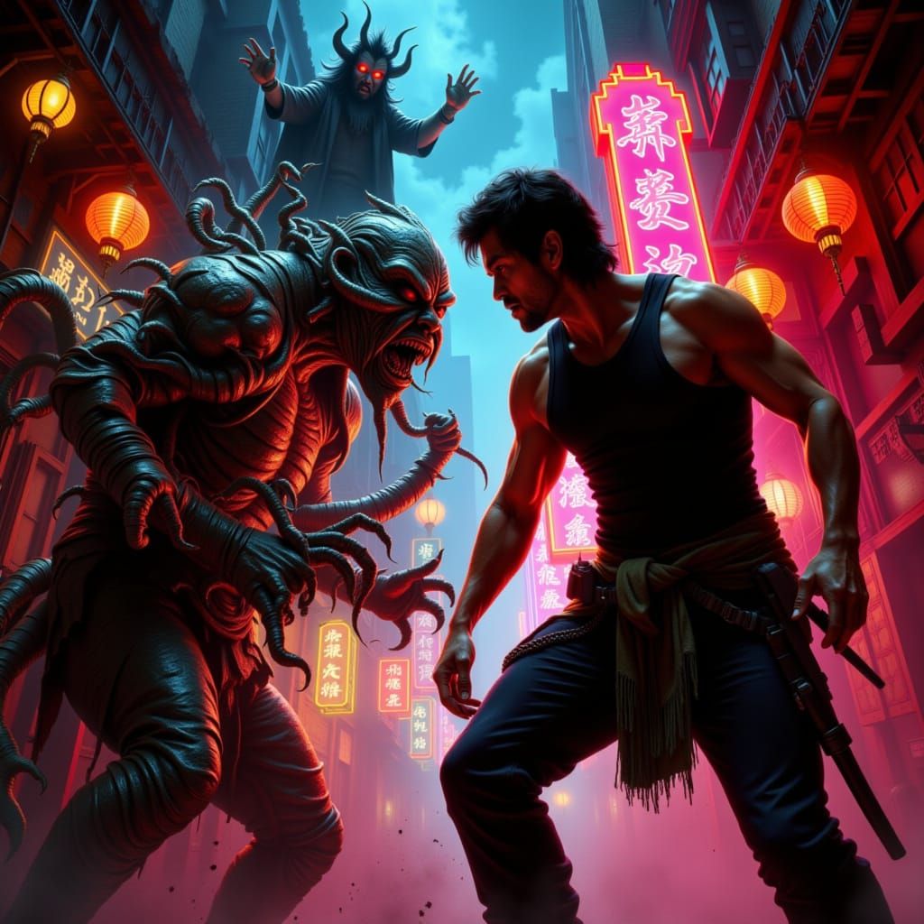 "Big Trouble in Little China" Movie Poster Remake with Jake Burton & Wang Chi up against Lo Pan <lora:LSH2:1.0>