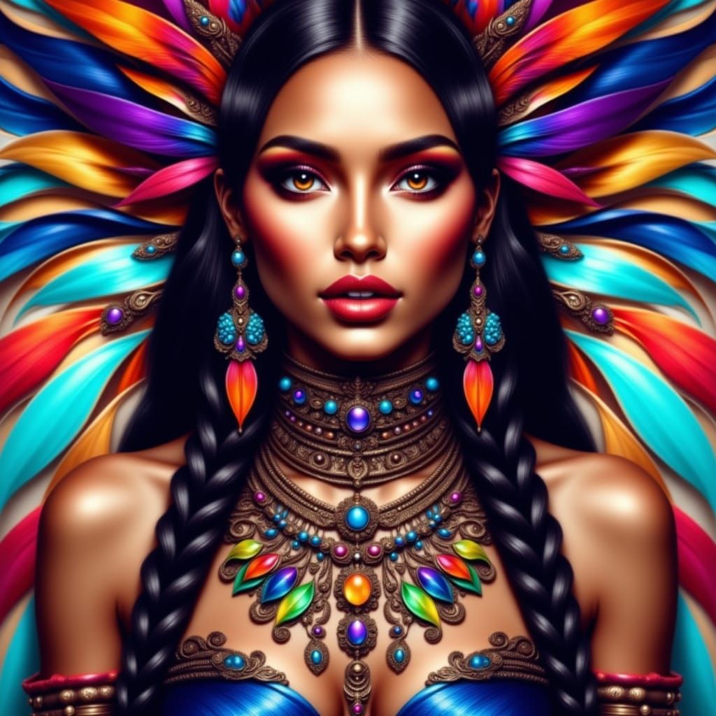 Ethereal Aztec Goddess in Vibrant Digital Portrait