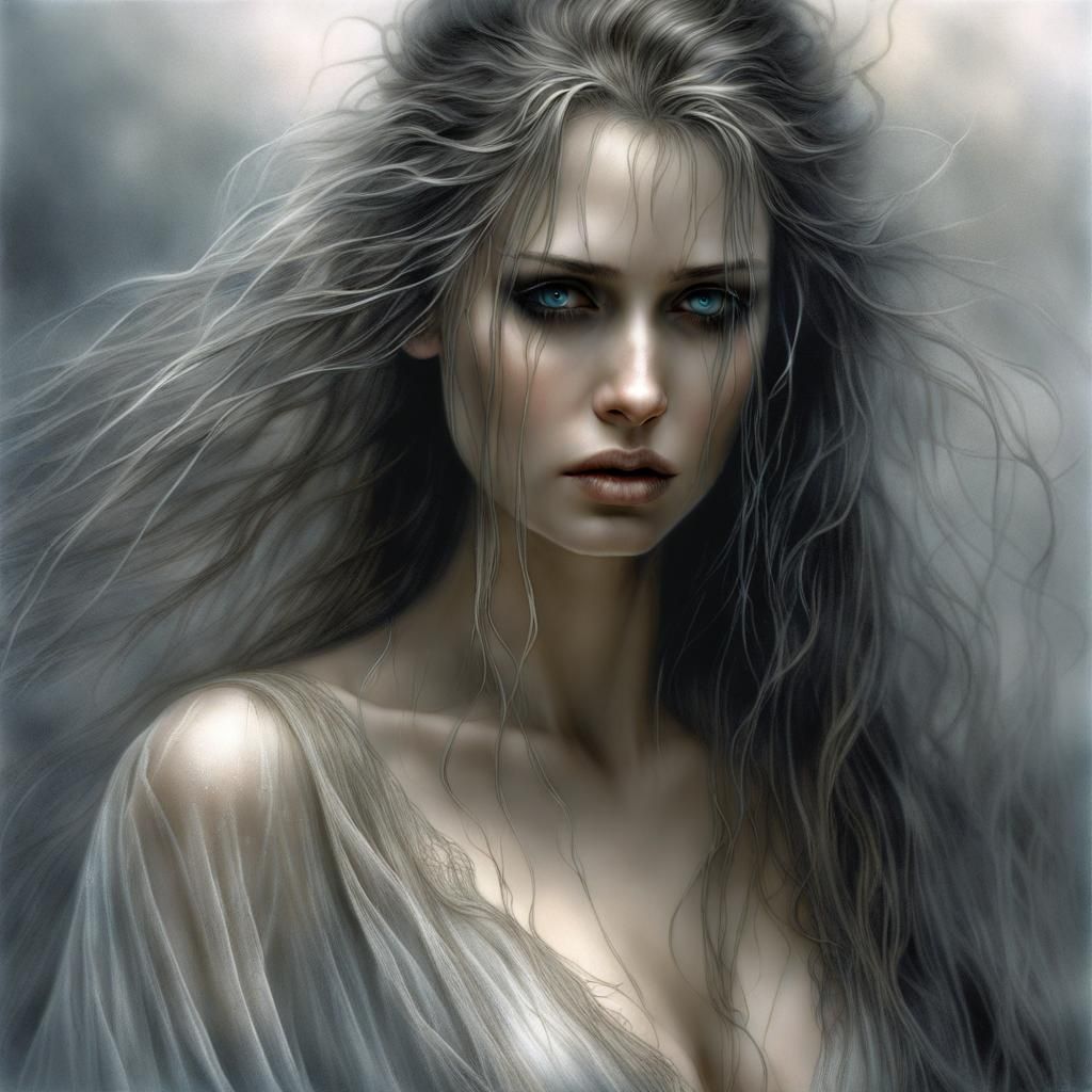 classic pose hyperrealistic beautiful woman- Luis Royo look, long wispy ...