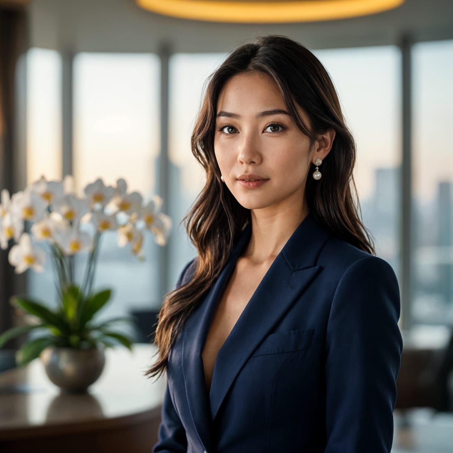 A confident Chinese CFO with long, stylish hair stands in a luxurious office, bathed in the soft glow of morning light. She wears a tailored...