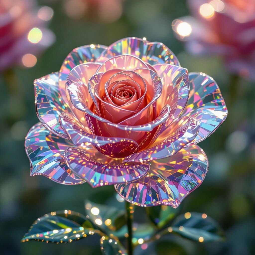 A lush rose garden made entirely of crystal glass, each rose intricately cut and polished like a Swarovski ...  by @Murray