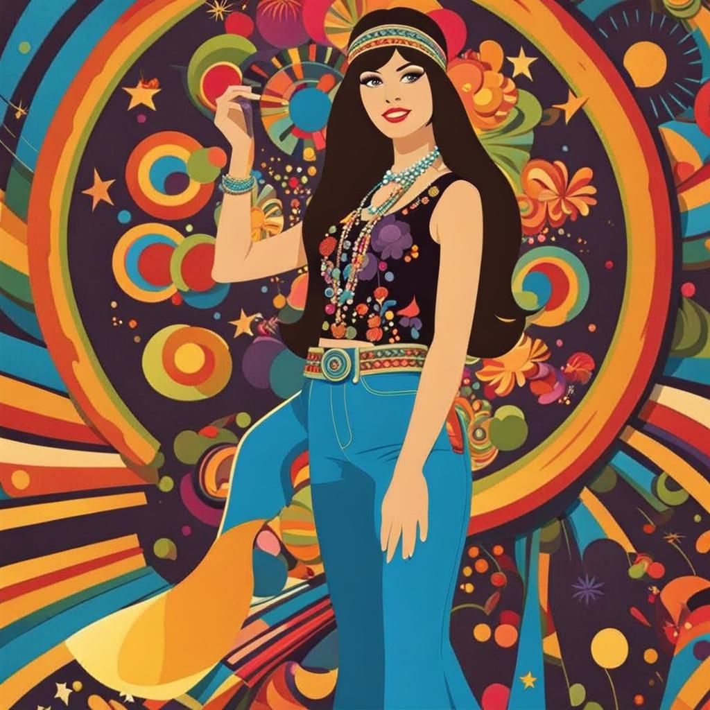 Groovy 1960s, cartoon hippie girl, hip-hugger bell bottom je...