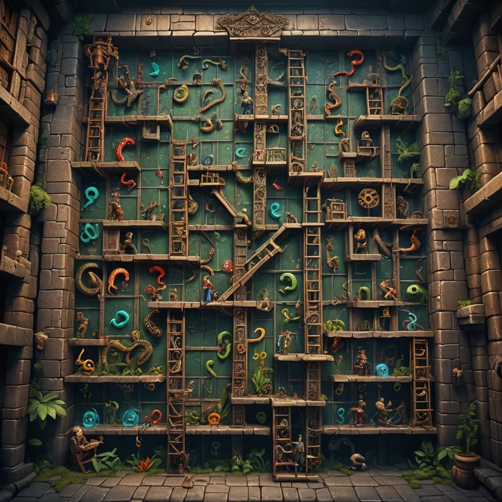 dungeon style snakes and ladders game. the dungeon dark and damp with people moving as board peace's ...  by @Jacques Terblanche