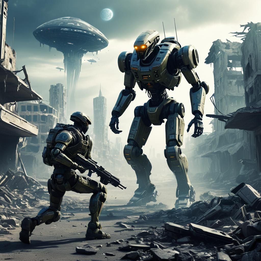 A soldier from the far future fighting with a war robot following him in a ruined futuristic alien city