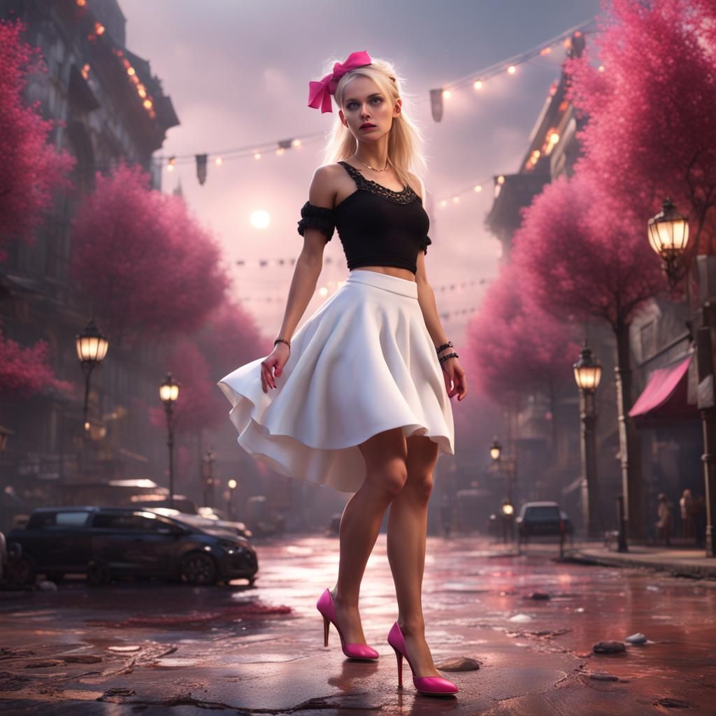 A blonde girl in white skirt, black top and pink high heels ...