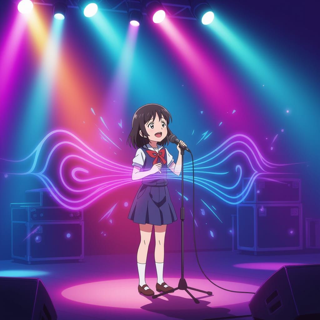 Anime Girl Sings with Vibrant Spotlights on Stage
