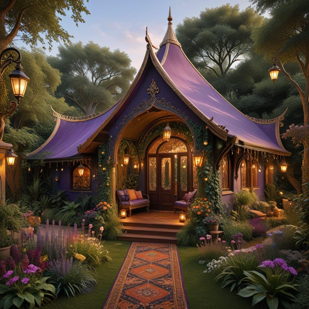 Small Outbuilding (Similar to the Main Tent Structure):

"A small, charming outbuilding that mirrors the whimsical main tent, with a light, ...