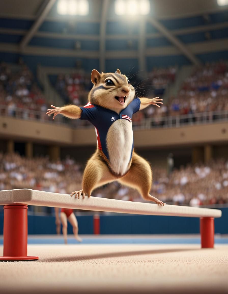 animal summer olympic team of chipmunk gymnasts in team USA uniforms practicing balance beam, vault, ...  by @purplefrenzy