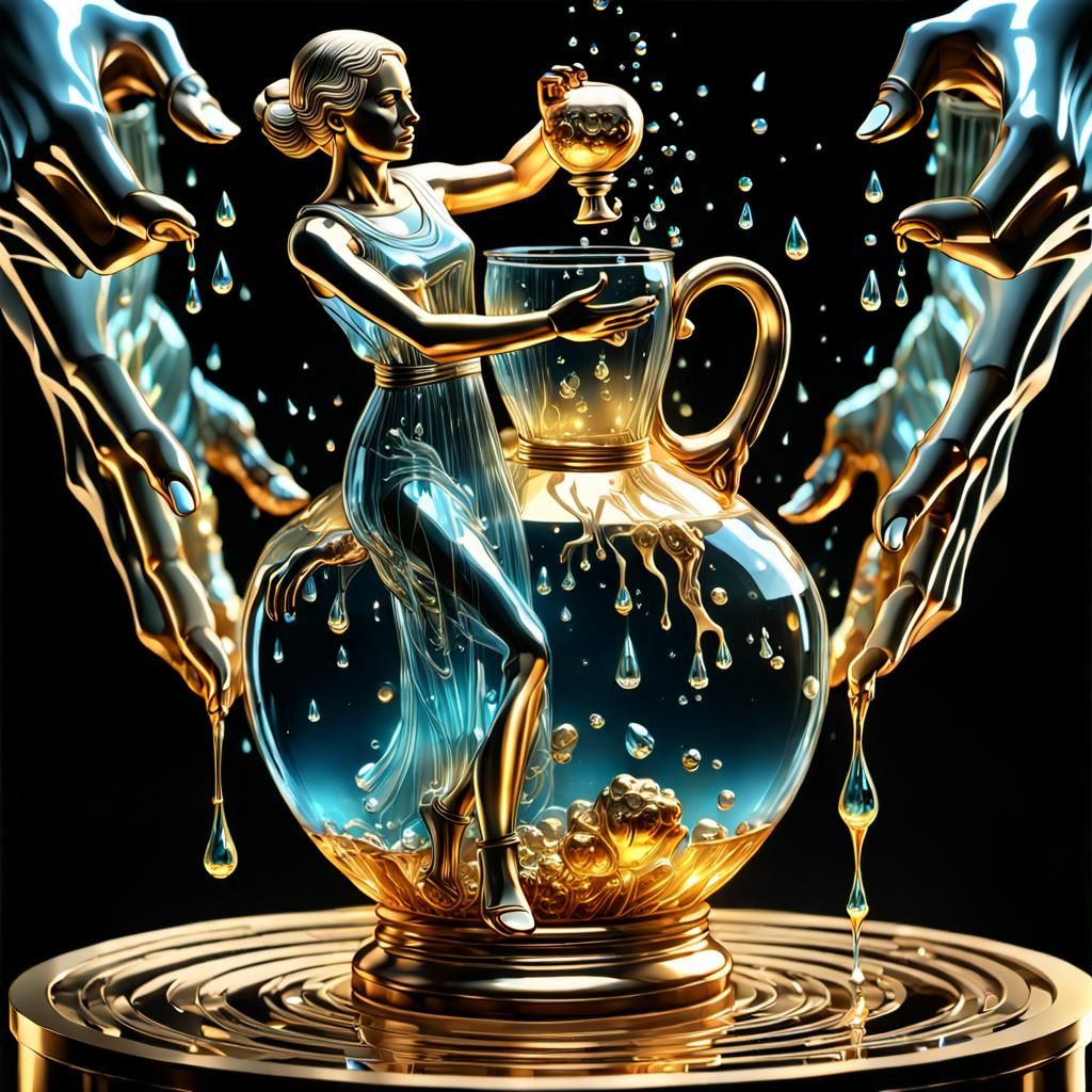 A Transparent crystal statue depicting a woman with an amphora in her hands. A golden liquid comes out ...  by @John Doe