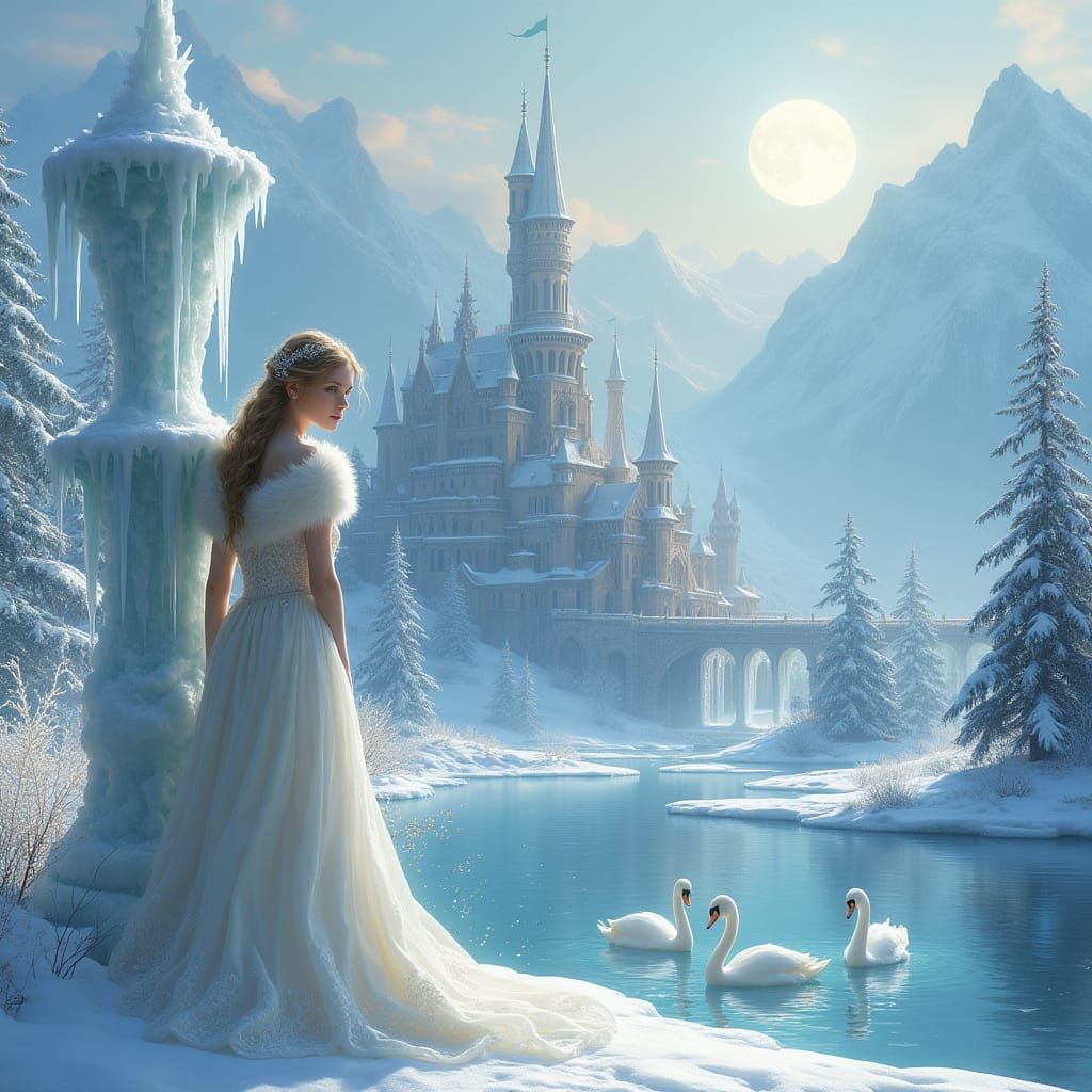 "A majestic, snow-covered kingdom nestled in a valley, surrounded by towering, frosty mountains. The ...  by @ PuppyMom