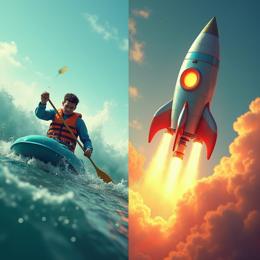 Paddling with a Spoon vs. Riding a Rocket in Unrea... - AI Art
