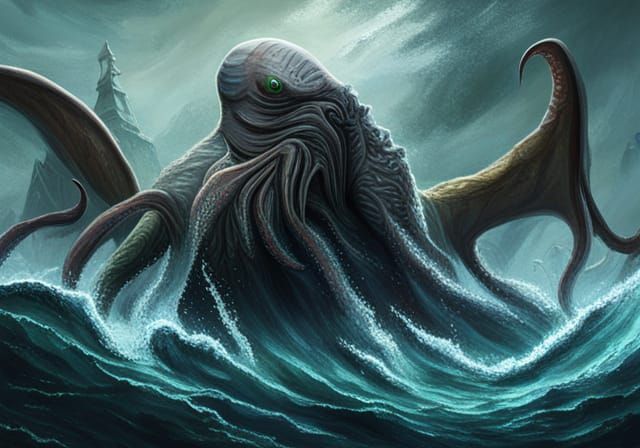 16bit painting of a gigantic cthulhu in the ocean, in the style of ...