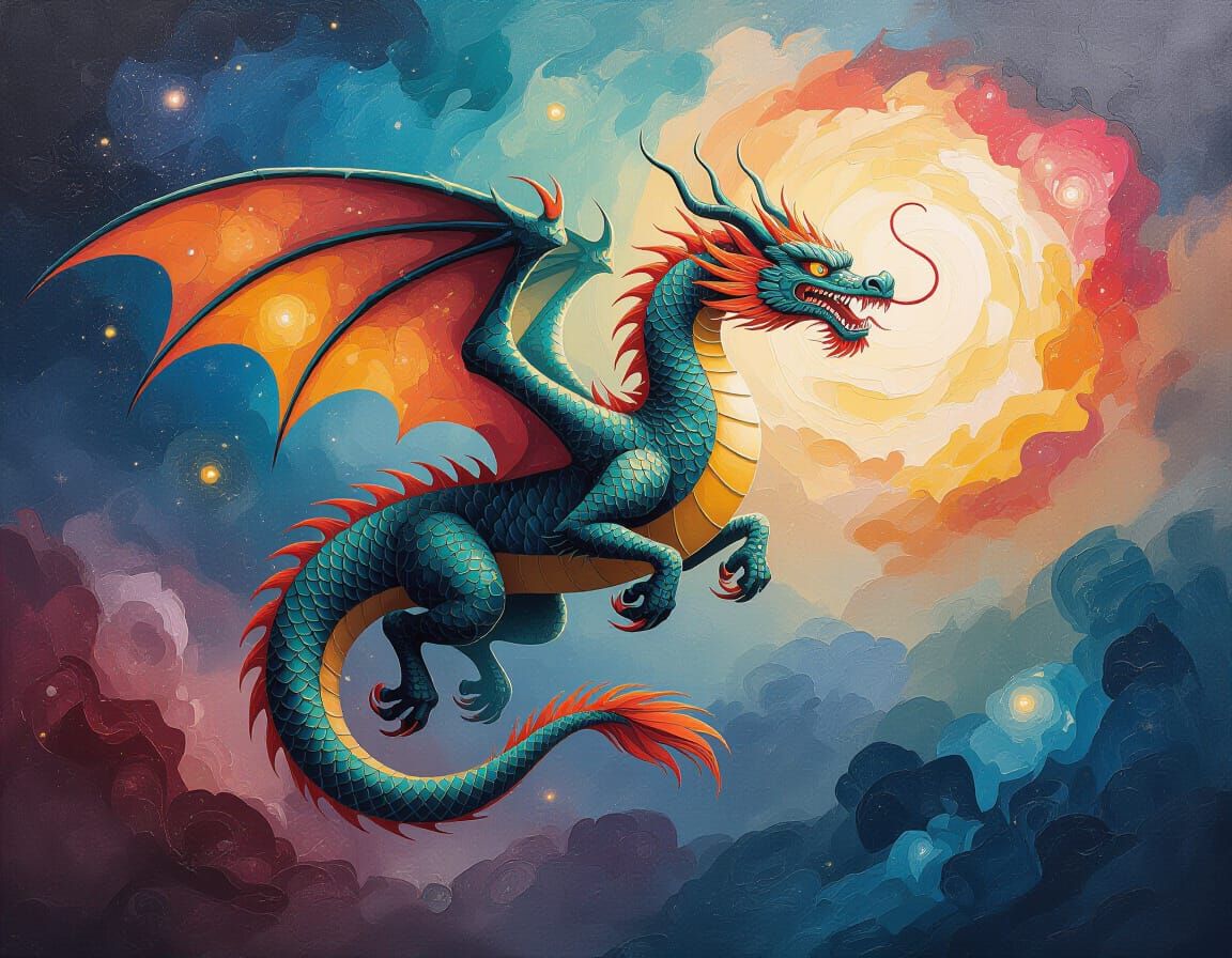 arabesque, Primative bold brush strokes, 3D effect impasto, thick layers of textured paint,   majestic dragon soaring through a nebulae-fill...