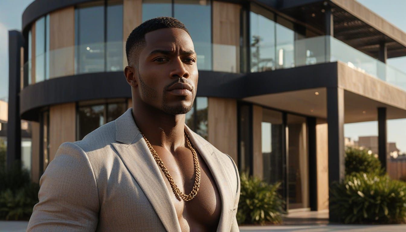 A hyper-realistic, high-resolution architectural photograph of an ultra-modern, luxury residence at dusk, showcasing a sleek, curvilinear fa...