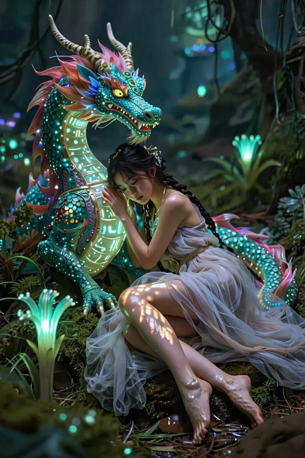 Girl resting by dragon
