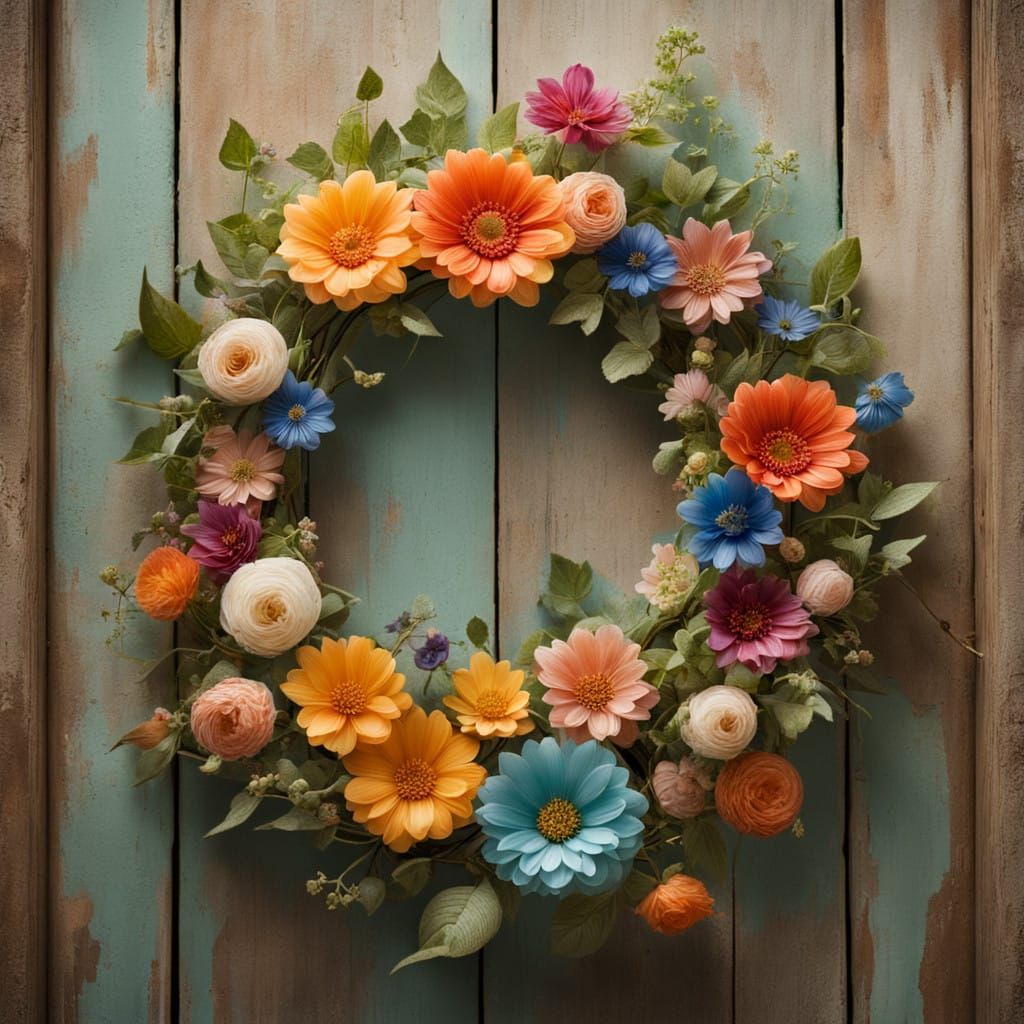 Intricate, detailed glass flower wreath on an old wooden door  by @Alison
