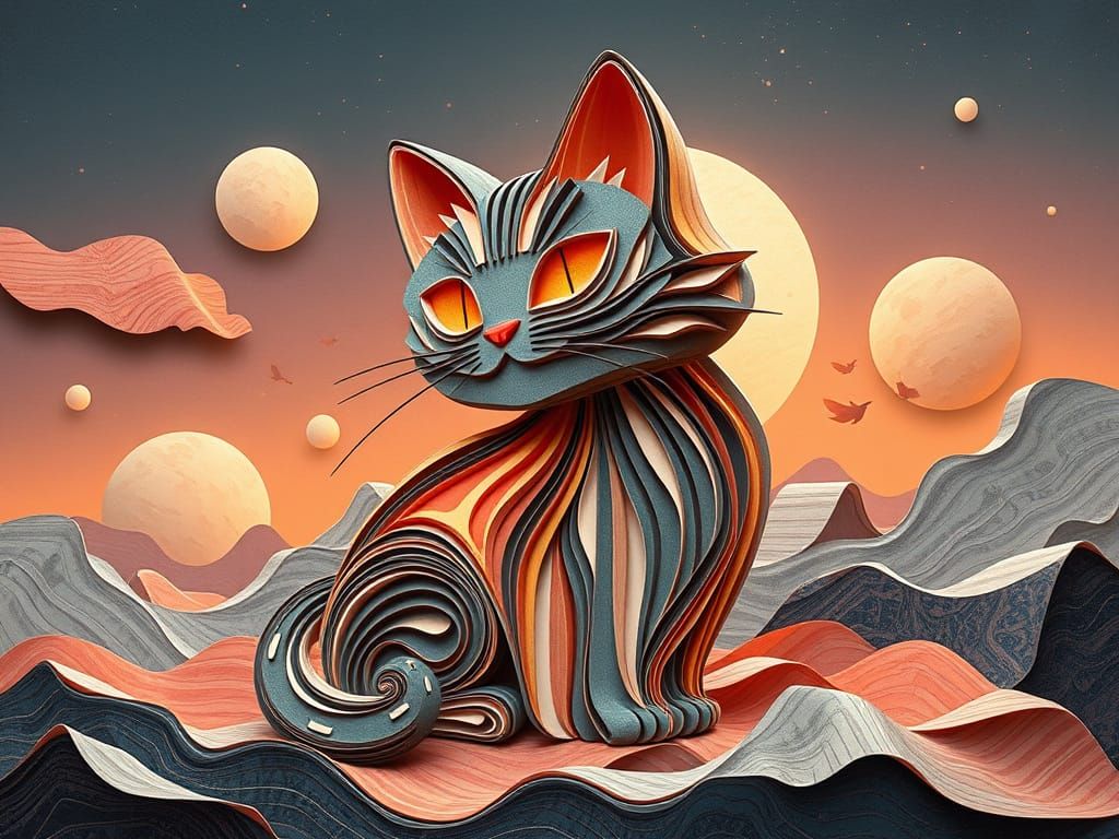 Dreamscape Cat Sculpture in Digital Art Style