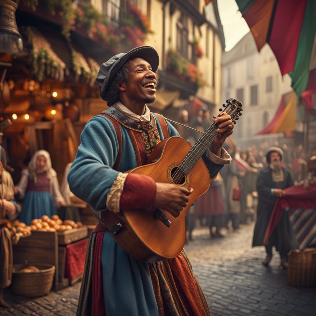 A minstrel playing at a medieval market  by @Asteria