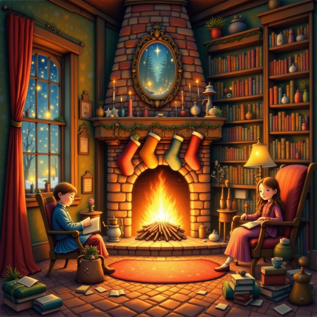 <lora:Storybook Christmas:1.0> Cozy reading room with stockings hung by roaring fire
