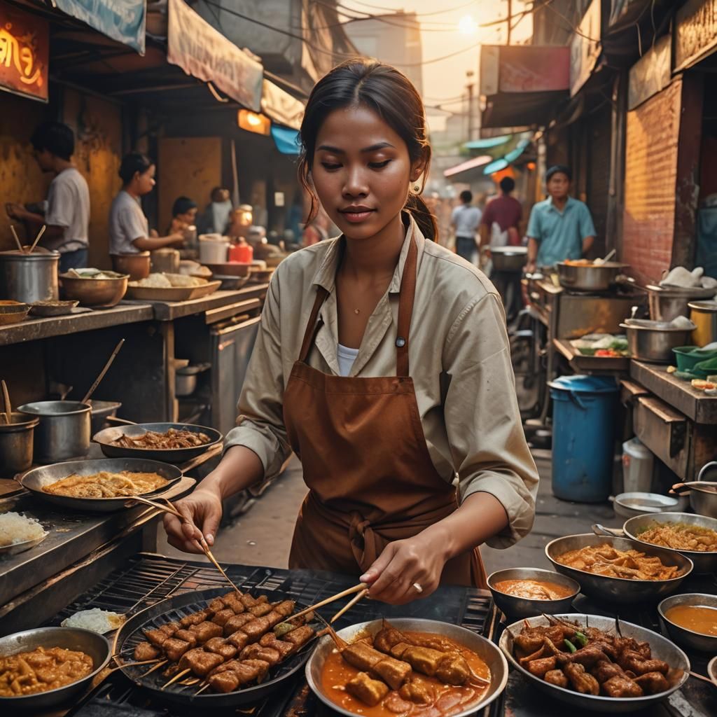 Indonesian woman cooking satay  by @BulePanda