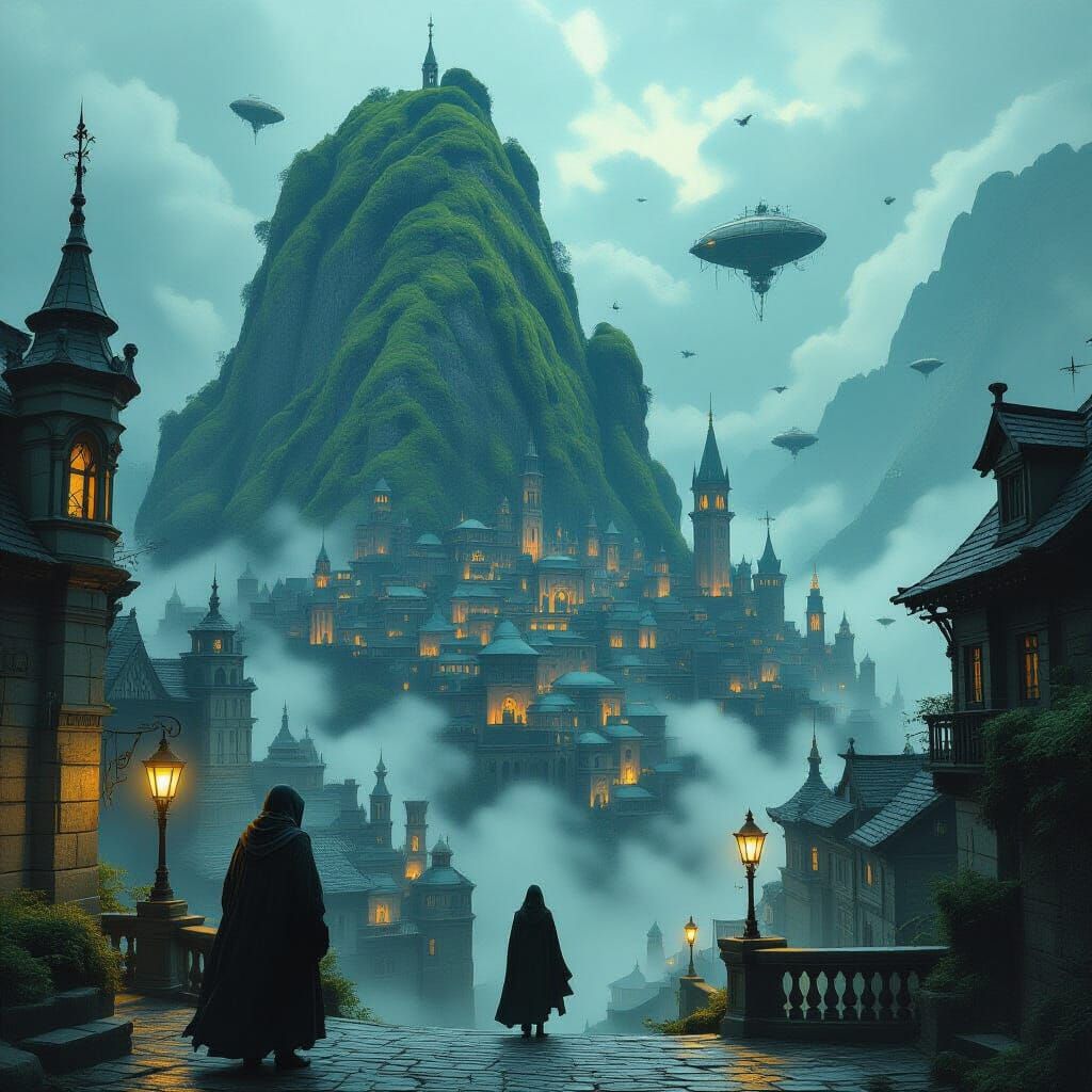 A sprawling, ancient city built into the side of a colossal, moss-covered mountain, shrouded in perpetual twilight. Cobblestone streets wind...