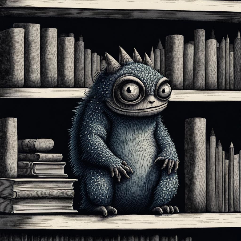 tiny monster perched on top of the bookshelf, waiting for the right ...