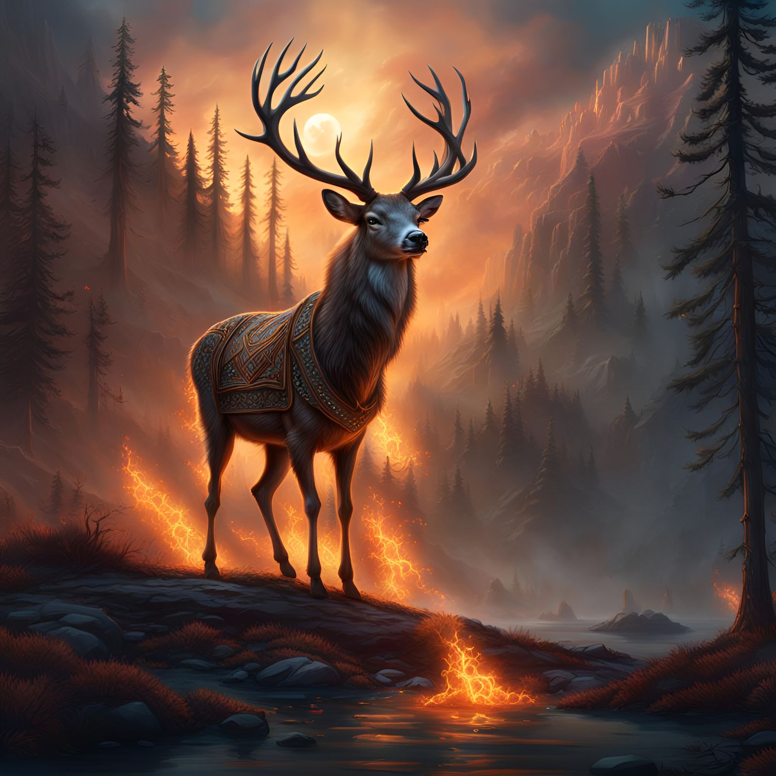 A native american is summoning the spirit of a beautiful deer out of the holy fire.