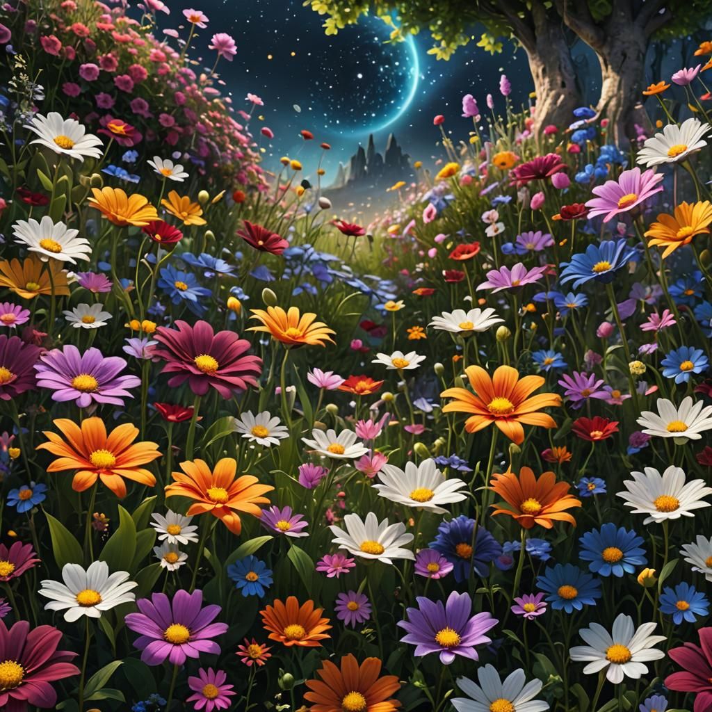 Design a garden of various flowers, each one infused with el...