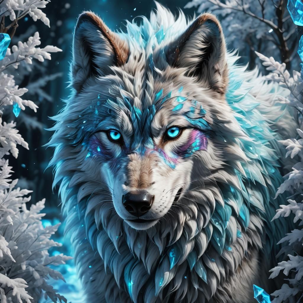 vibrant neon blue iridescent wolf furry fluffy neon blue fur...