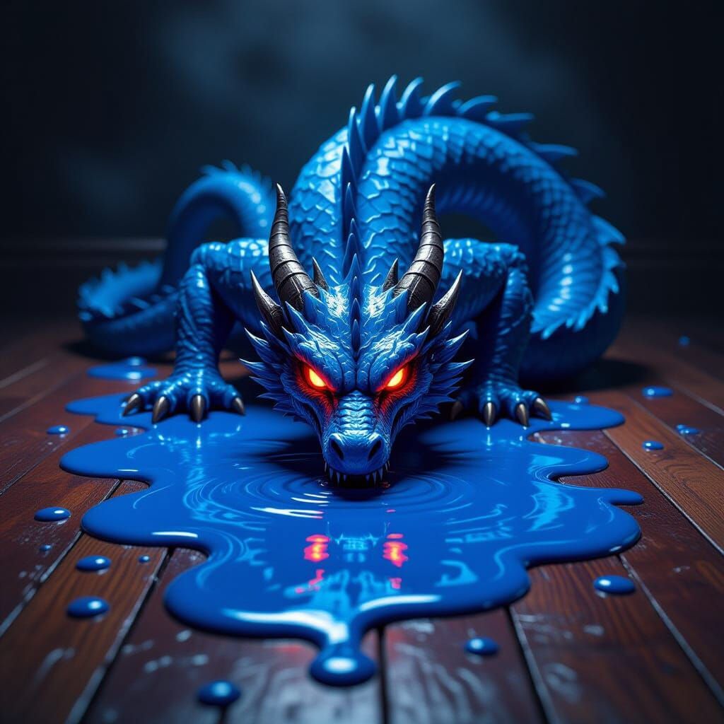 Blue Paint Spill Forms Menacing Dragon on Wooden Floor