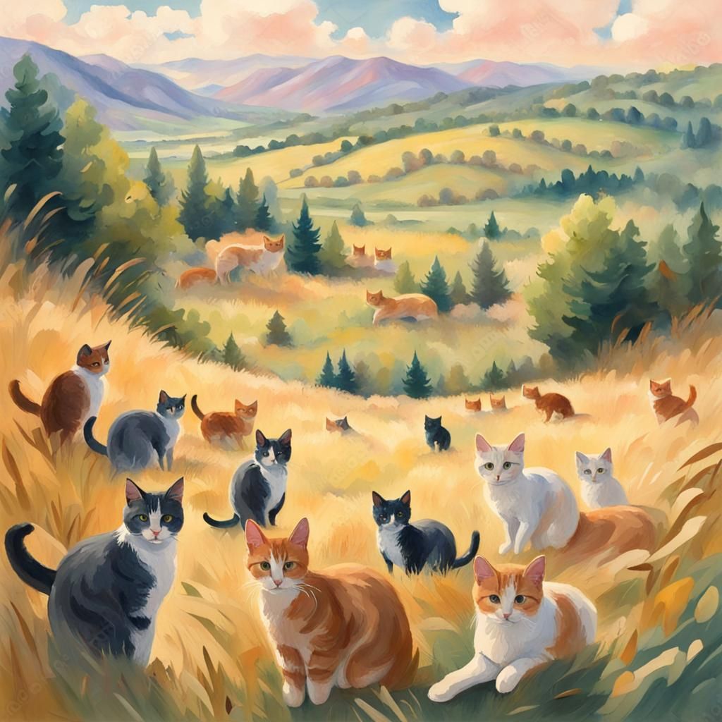 Beautiful valley with a field full of cats