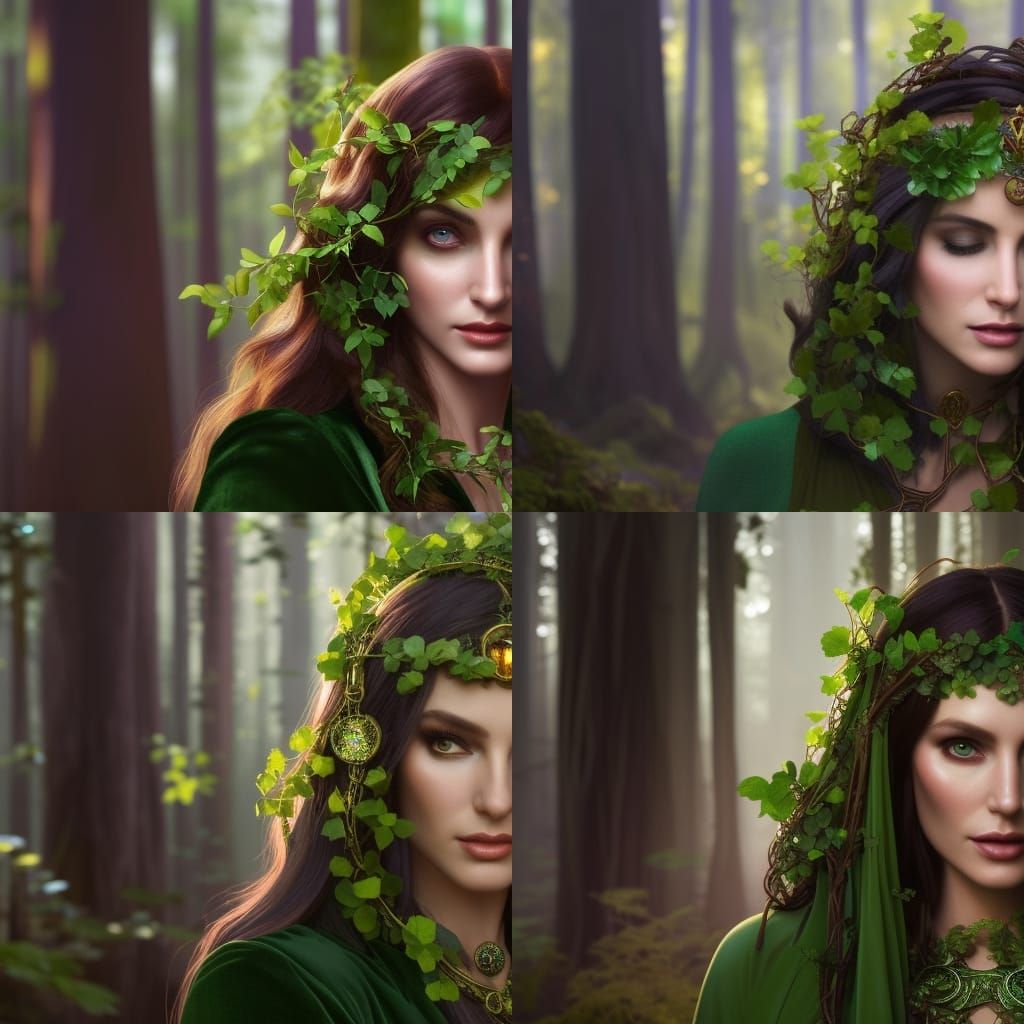 Beautiful Celtic priestess dressed in green velvet dress, in a mystical ...