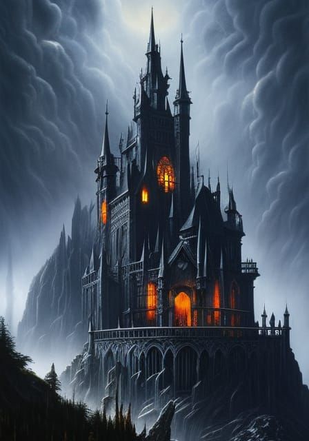 Gothic detailed spooky darkwave castle on a steep mountain. Watercolor ...