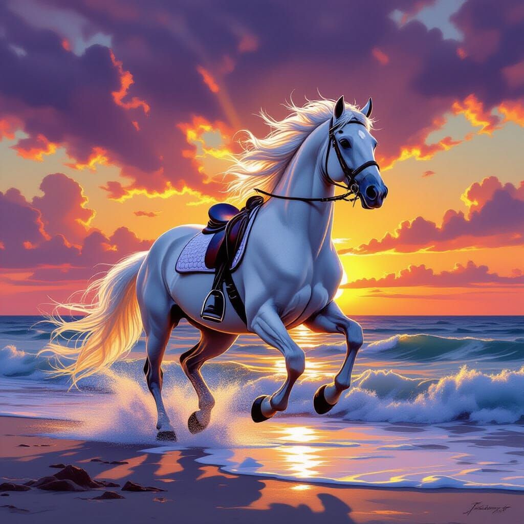 Majestic Knight's Horse Gallops by the Sea at Sunset