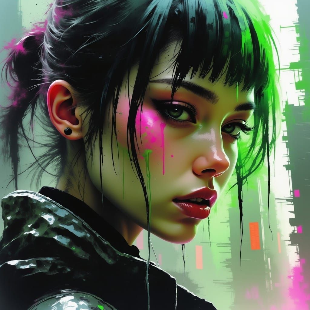 <lora:Afterlife:1.0>; 8k; a stunning photo realistic grunge painting; distopian city; futuristic high teck cyberpunk womans face; colorful t...