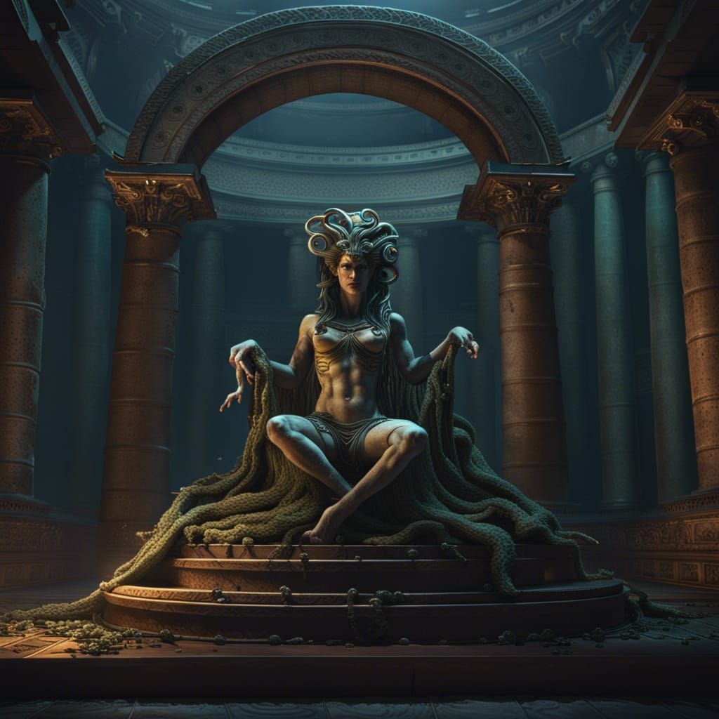 Medusa on a altar in front of an ancient greek temple