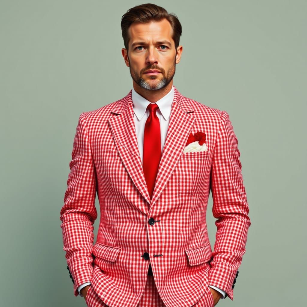 <lora:Gingham World:1.0> Standing portrait of a man with a red and white gingham suit and tie.