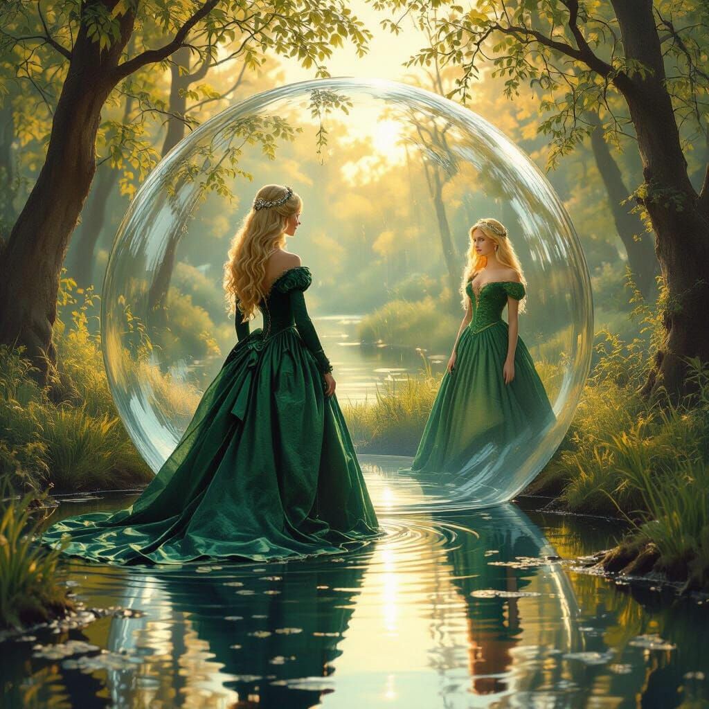 A regal blonde Polish princess in a bubble dome looking at her own reflection in a pond 