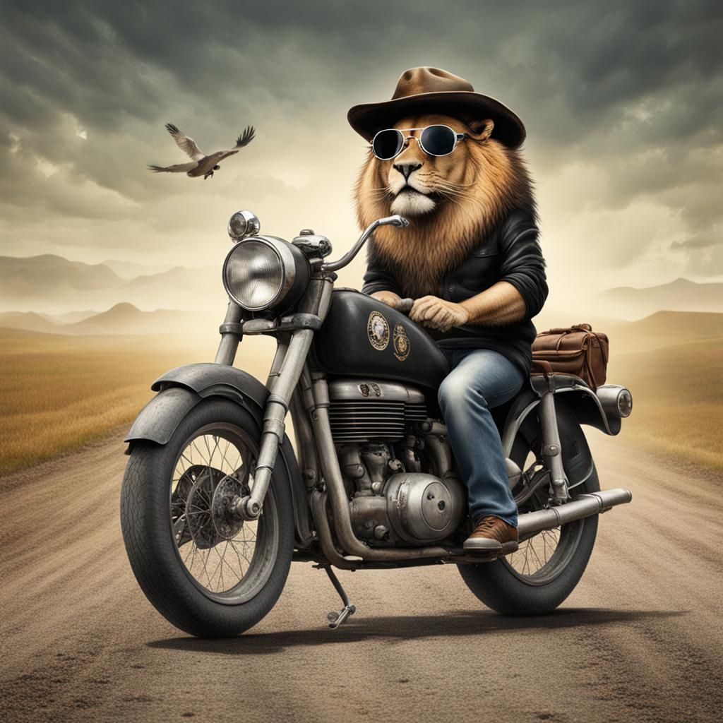 Un león montado en una moto con gafas de aviador y sombreros...