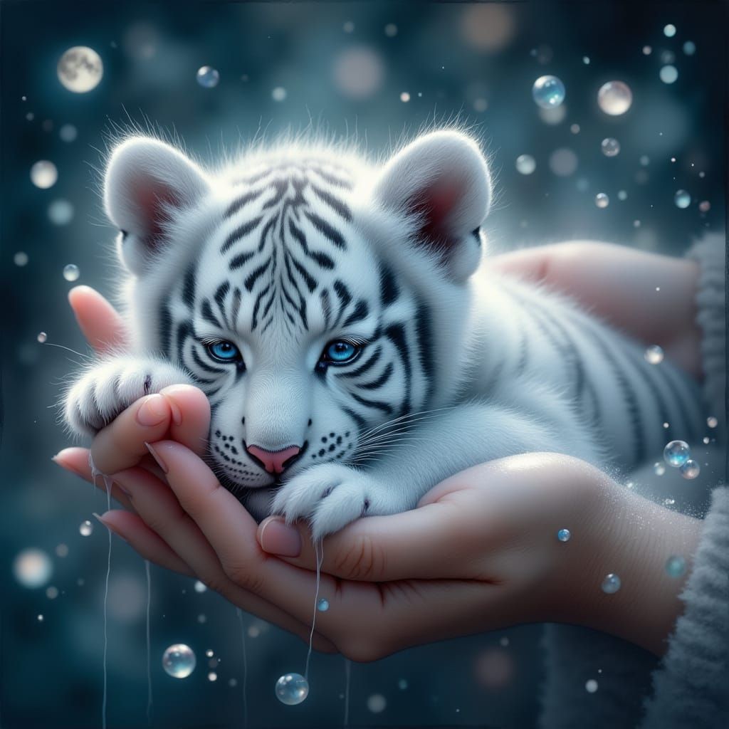 <lora:Ink Poet:1.0> a white tiger cub with icy blue eyes resting gently in a pair of human hands, surrounded by glowing soap bubbles and pea...