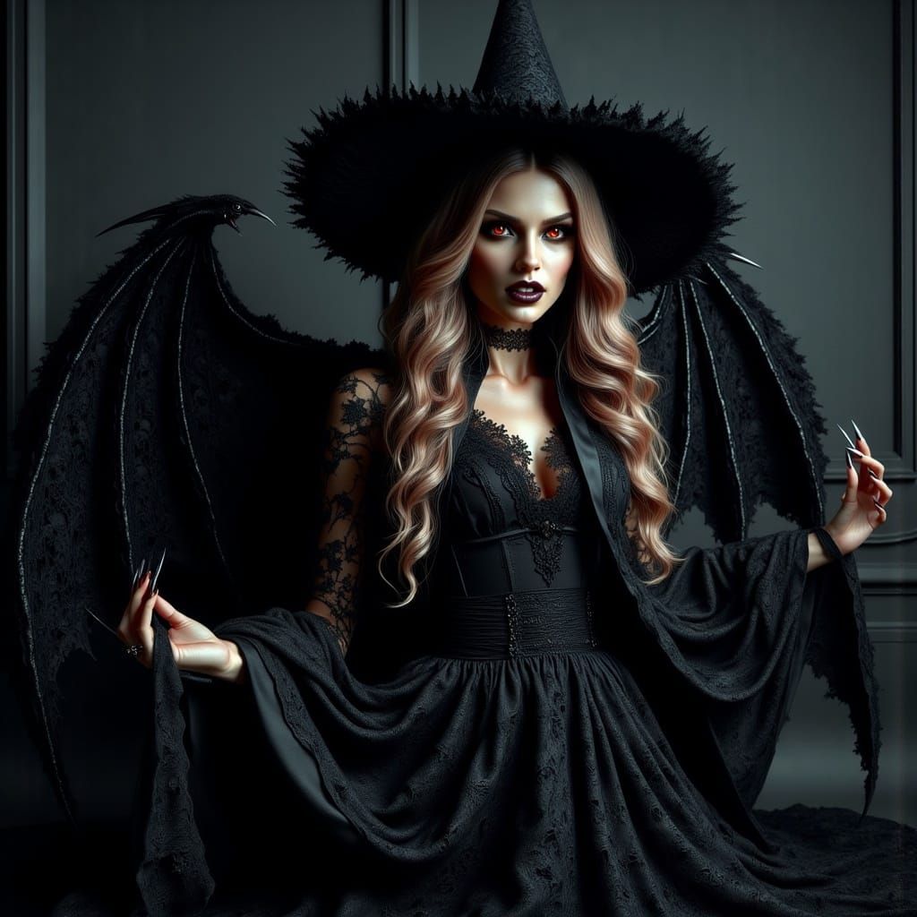 <lora:Thriller Fantasy V2:1.0> photorealistic final render of a witch dressed in an impossibly intricate black lace cloak and hat , very sha...