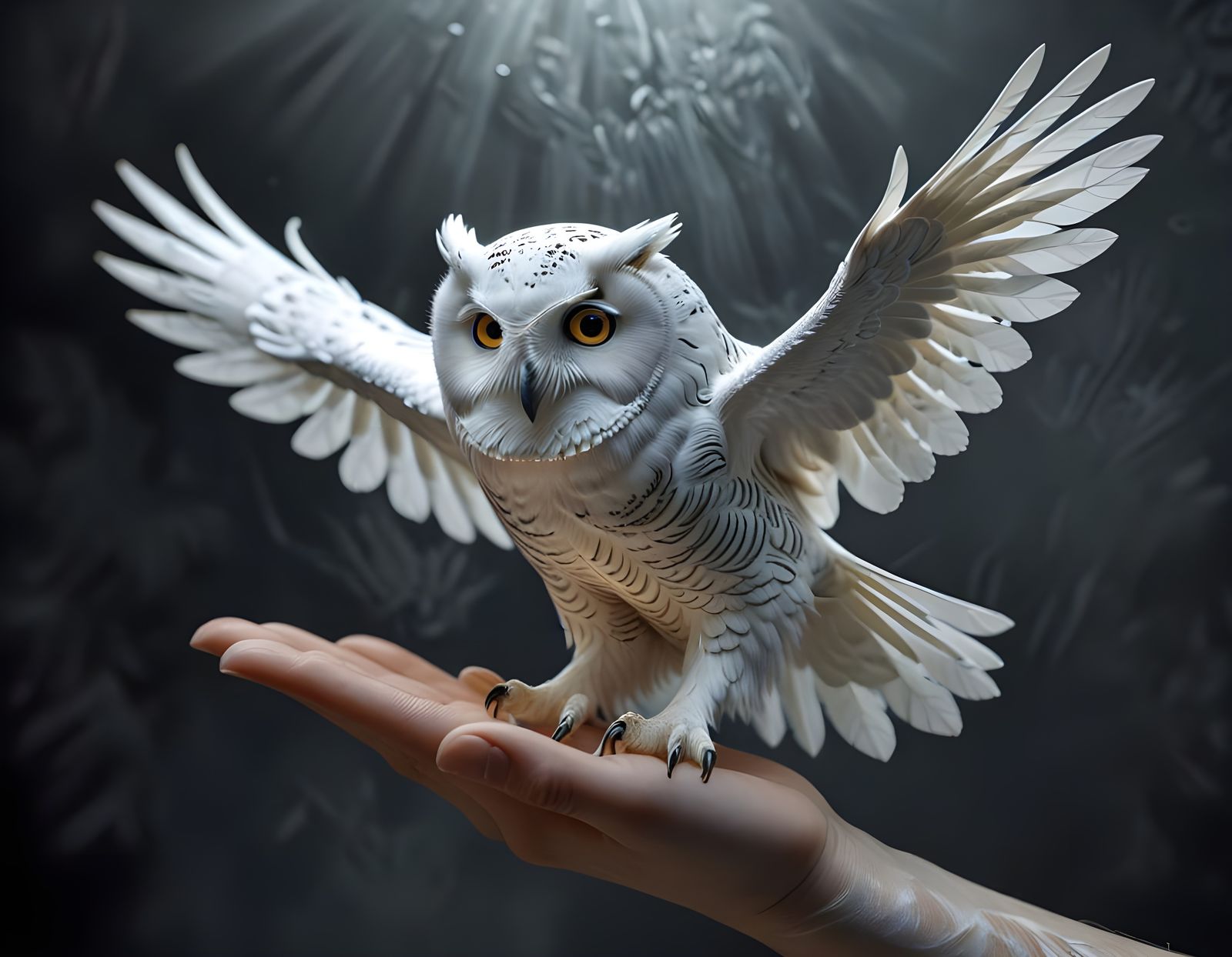 A female hand with a white owl in it.  by @L Churchward