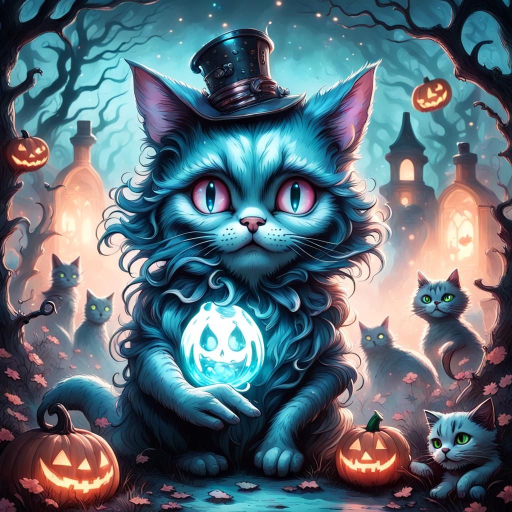 Un beau fantôme bioluminescent d'Alice avec le chat de cheshire ...