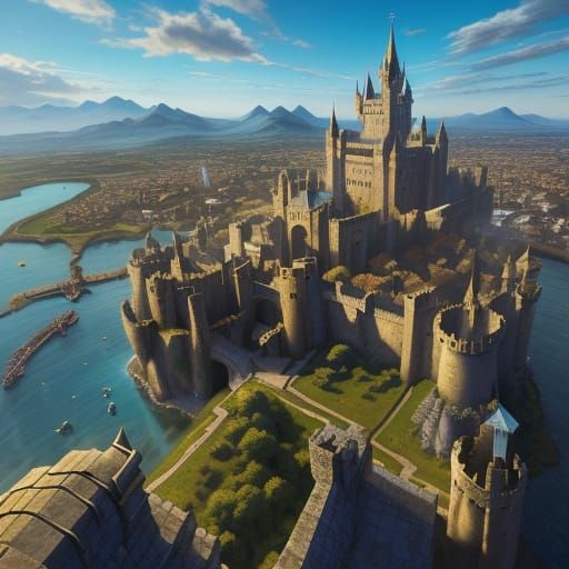 Dragon Over Medieval City: Aerial Fantasy Art