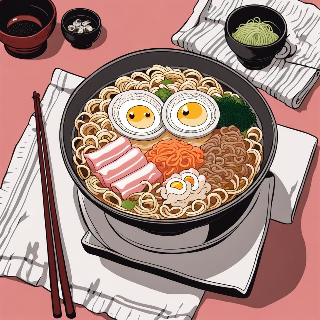 Manga style ramen on atab’e with sakura towels