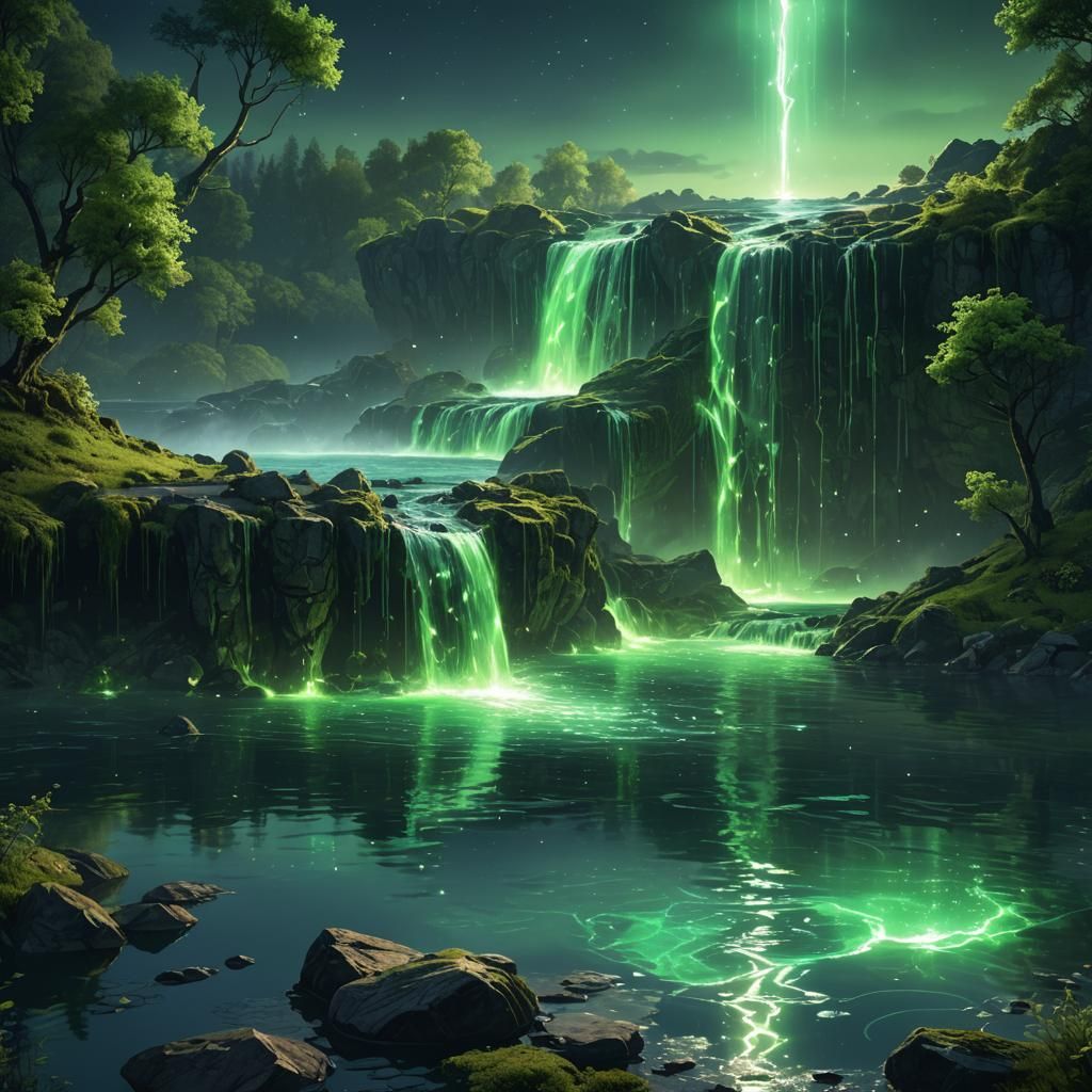 luminescent glowing glittering translucent water in a lake. green tones. see the bottom. green. waterfall. ...  by @Ylona