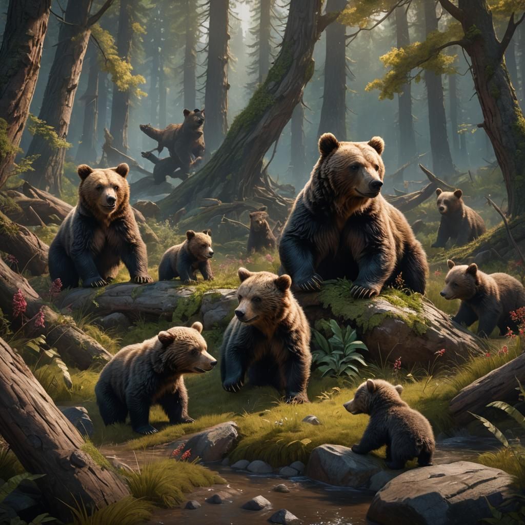 Bear cubs are frolicking